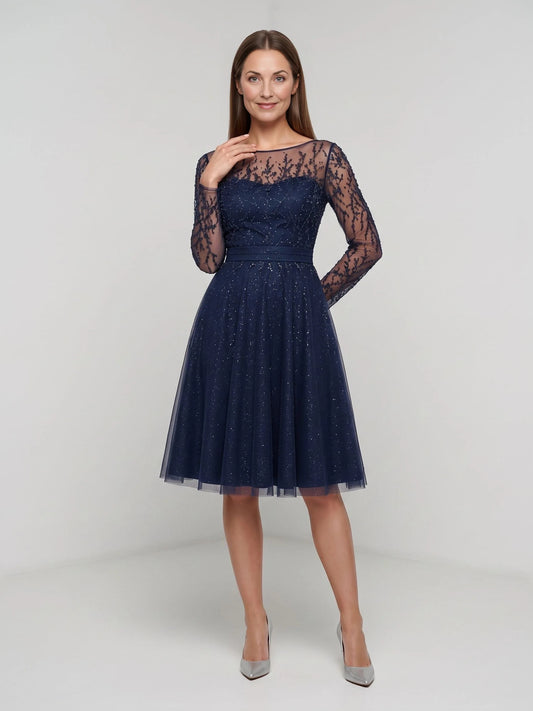 Dark Blue short mother of the bride dress, front view showing the a-line silhouette