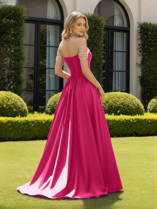 Magenta maxi prom dress, front view showing the a-line silhouette