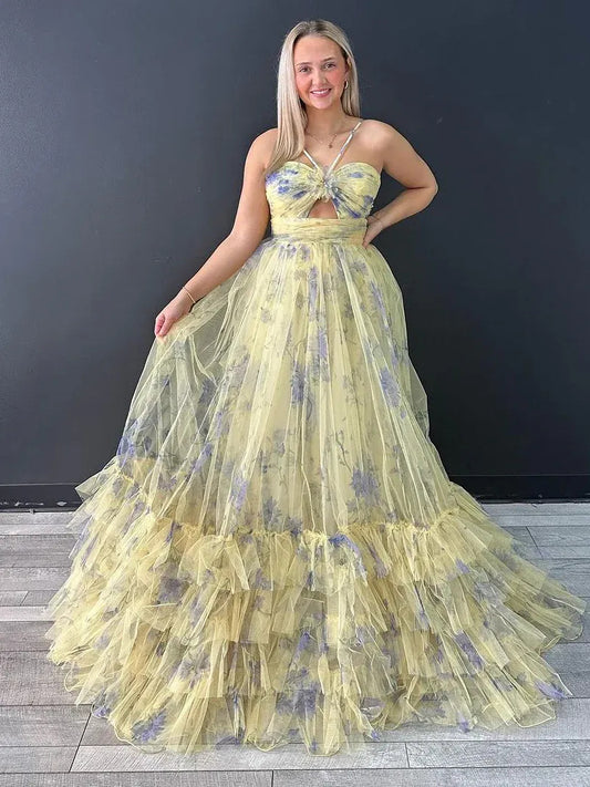 Floral maxi prom dress, front view showing the a-line silhouette