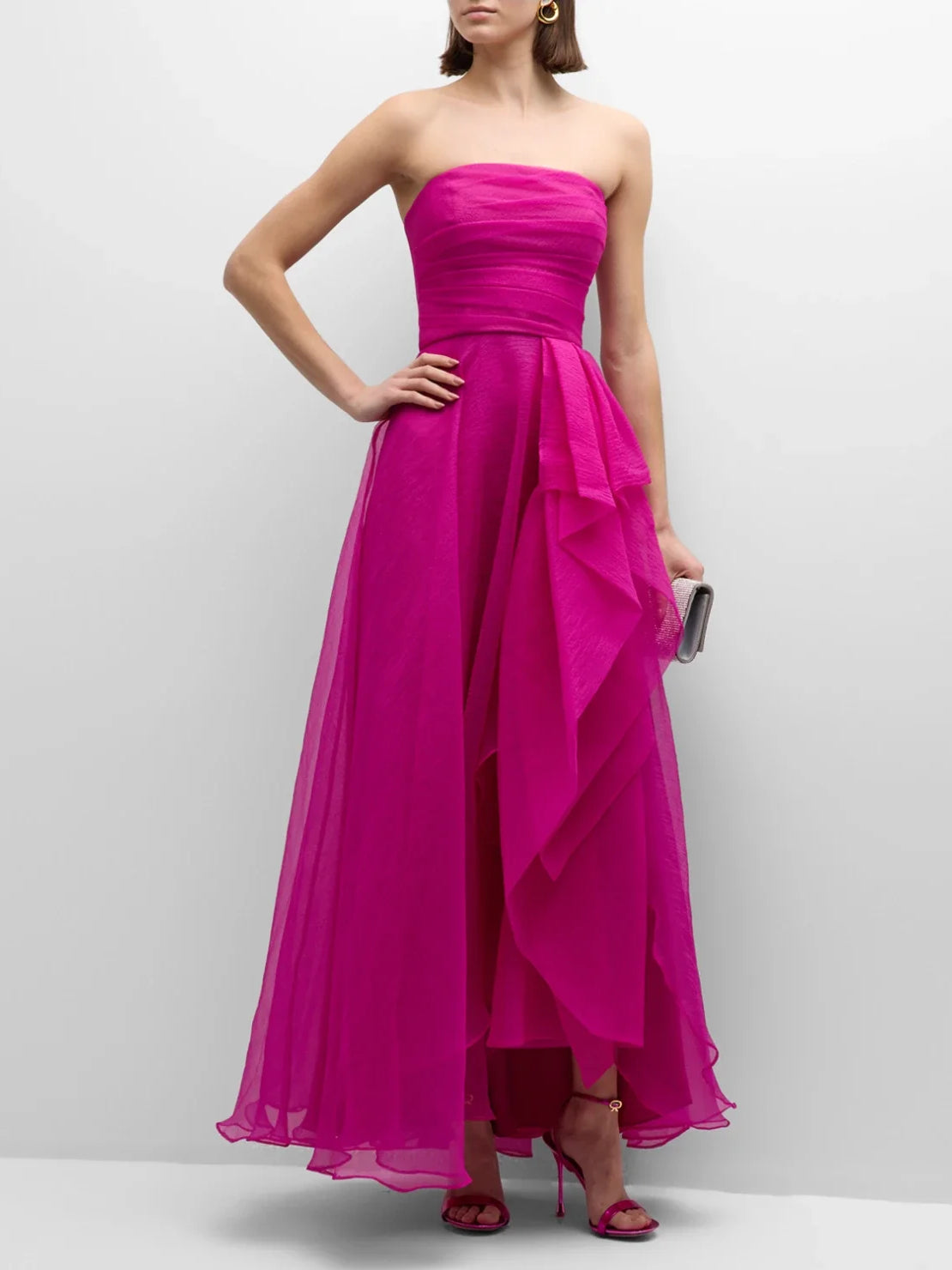 Fuchsia a-line floor-length formal dress with strapless neckline, full-length front view