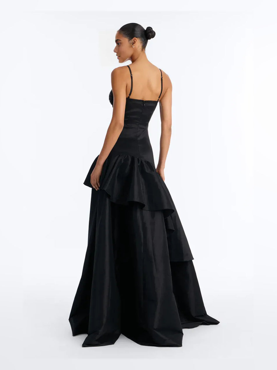 Black high-low prom dress, front view showing the mermaid silhouette