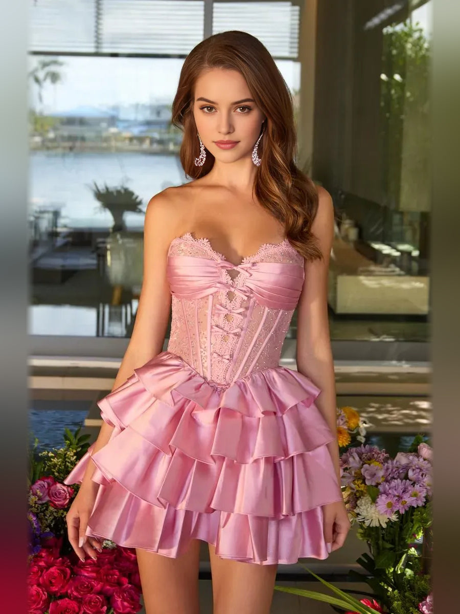 Light Pink short homecoming dress, alternate view showing the full-length silhouette