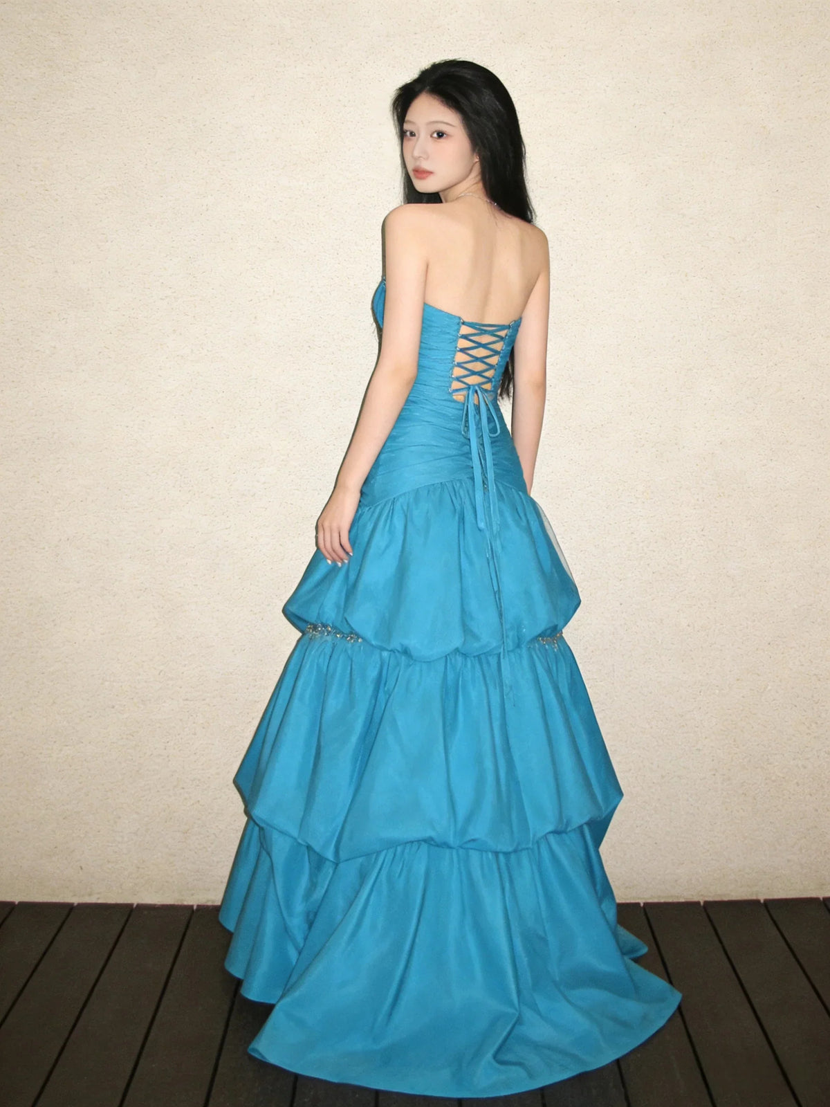 Caribbean maxi prom dress, front view showing the a-line silhouette