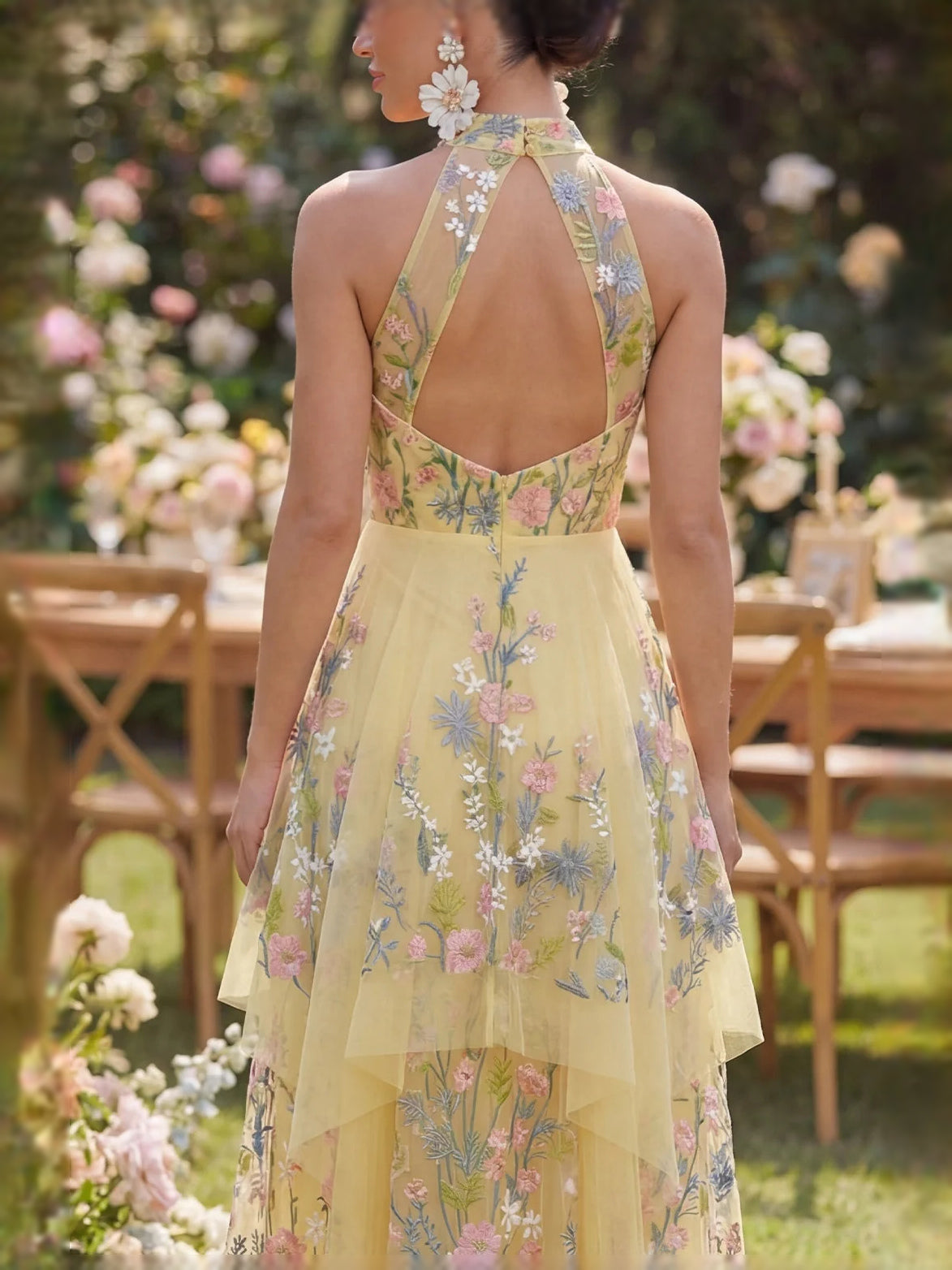 Yellow midi prom dress, front view showing the a-line silhouette