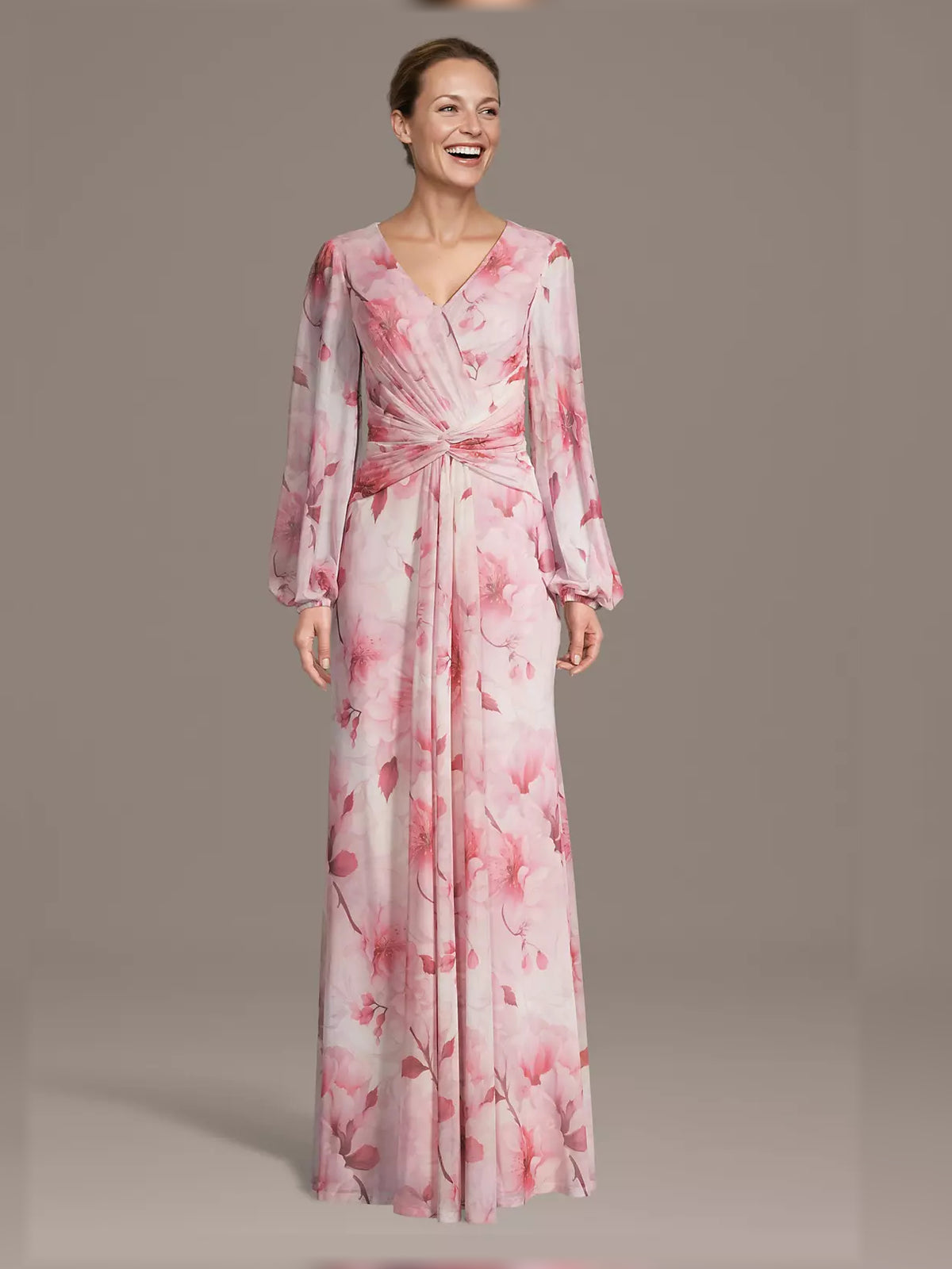 Floral maxi mother of the bride dress, front view showing the a-line silhouette