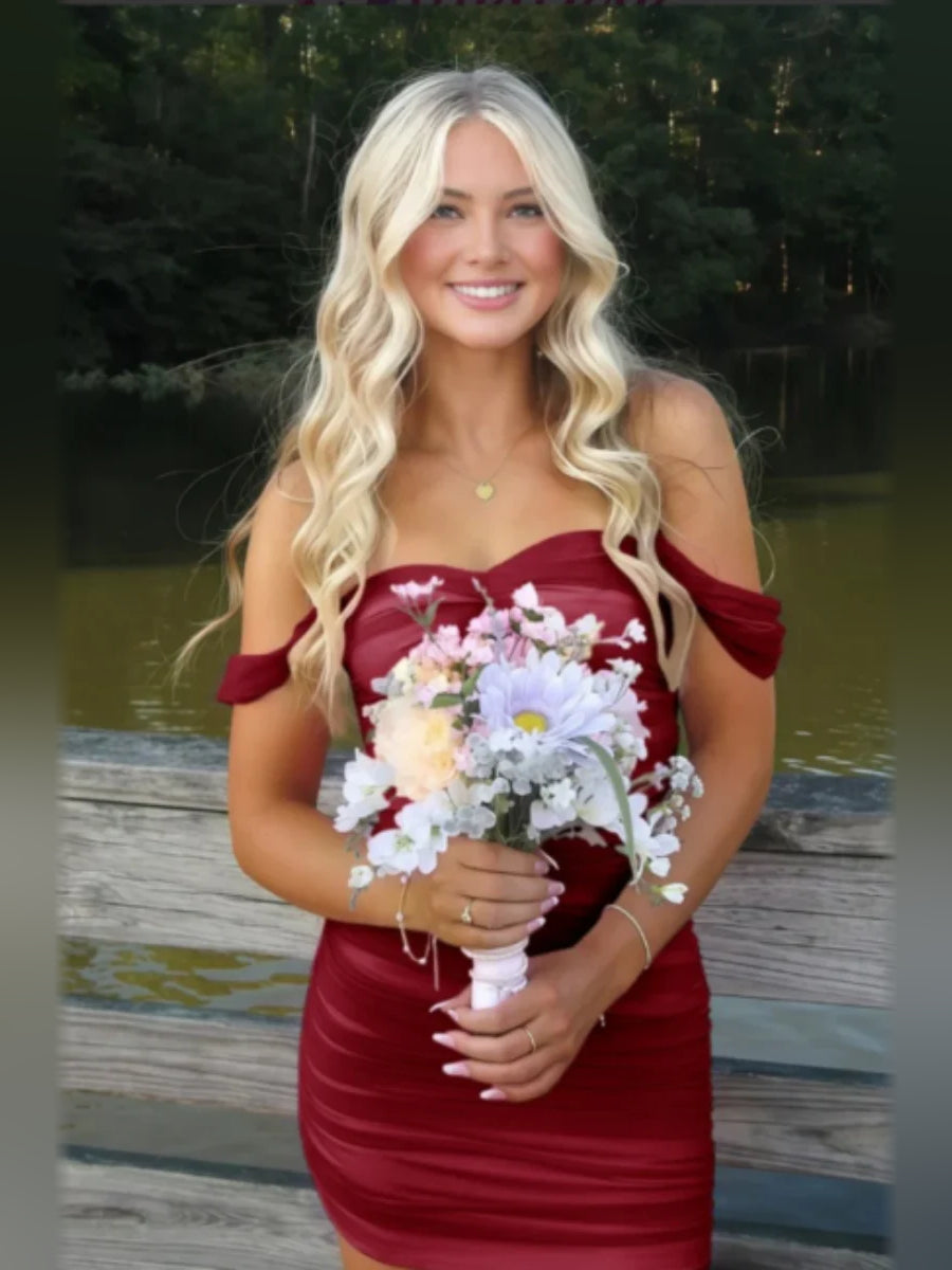 Burgundy mini homecoming dress, alternate view showing the full-length silhouette