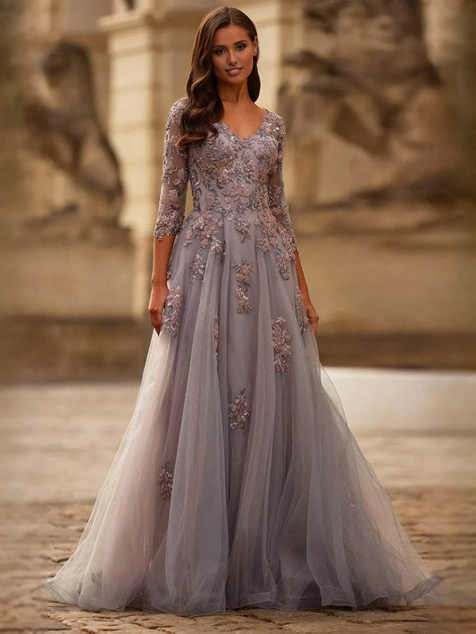Dusk a-line floor-length formal dress with V-neckline, full-length front view