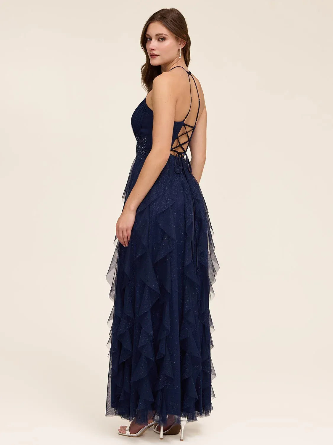 Dark Navy maxi prom dress, front view showing the a-line silhouette
