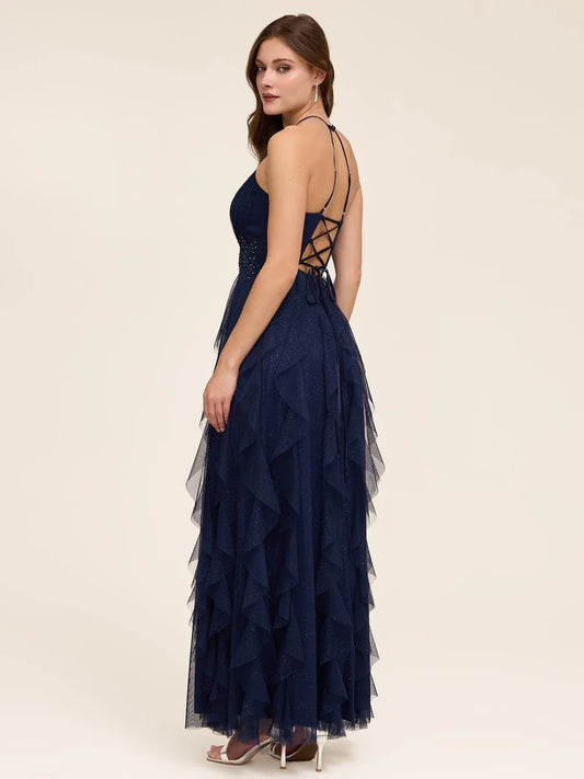 Dark Navy maxi prom dress, front view showing the a-line silhouette