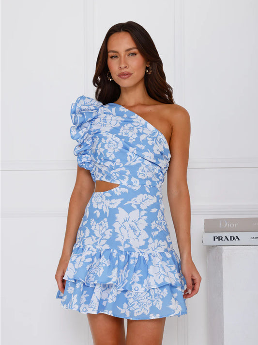 Blue mini homecoming dress, front view showing the silhouette