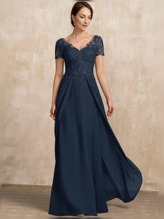 Dark Navy floor-length mother of the bride dress, front view showing the a-line silhouette