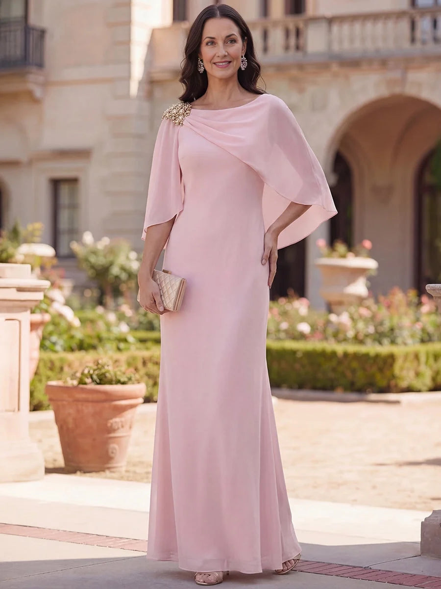 Pink floor-length mother of the bride dress, front view showing the sheath silhouette