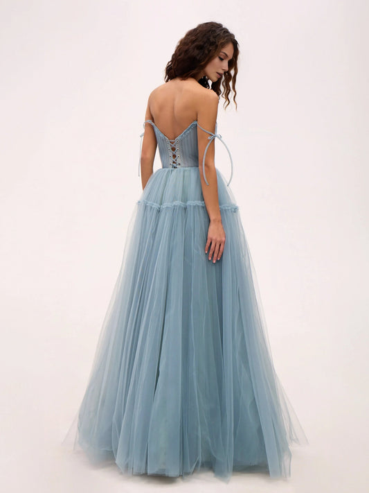 Powder Blue floor-length prom dress, front view showing the a-line silhouette