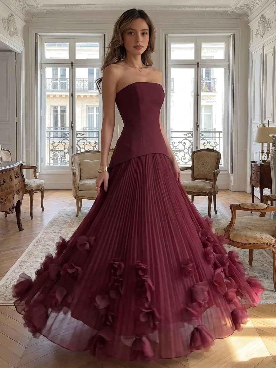 Deep Red maxi bridesmaid dress, front view showing the a-line silhouette