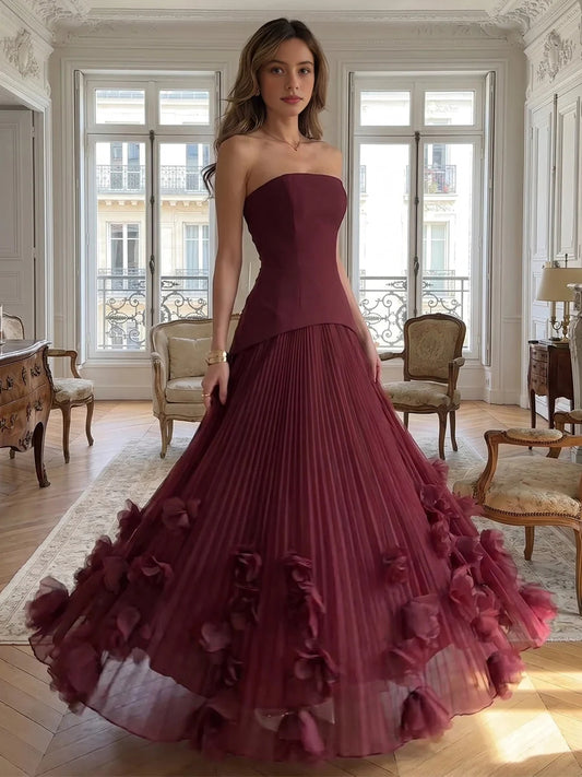 Deep Red maxi bridesmaid dress, front view showing the a-line silhouette