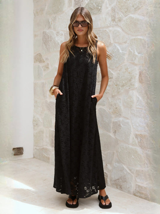 Black a-line maxi formal dress with V-neckline, full-length front view