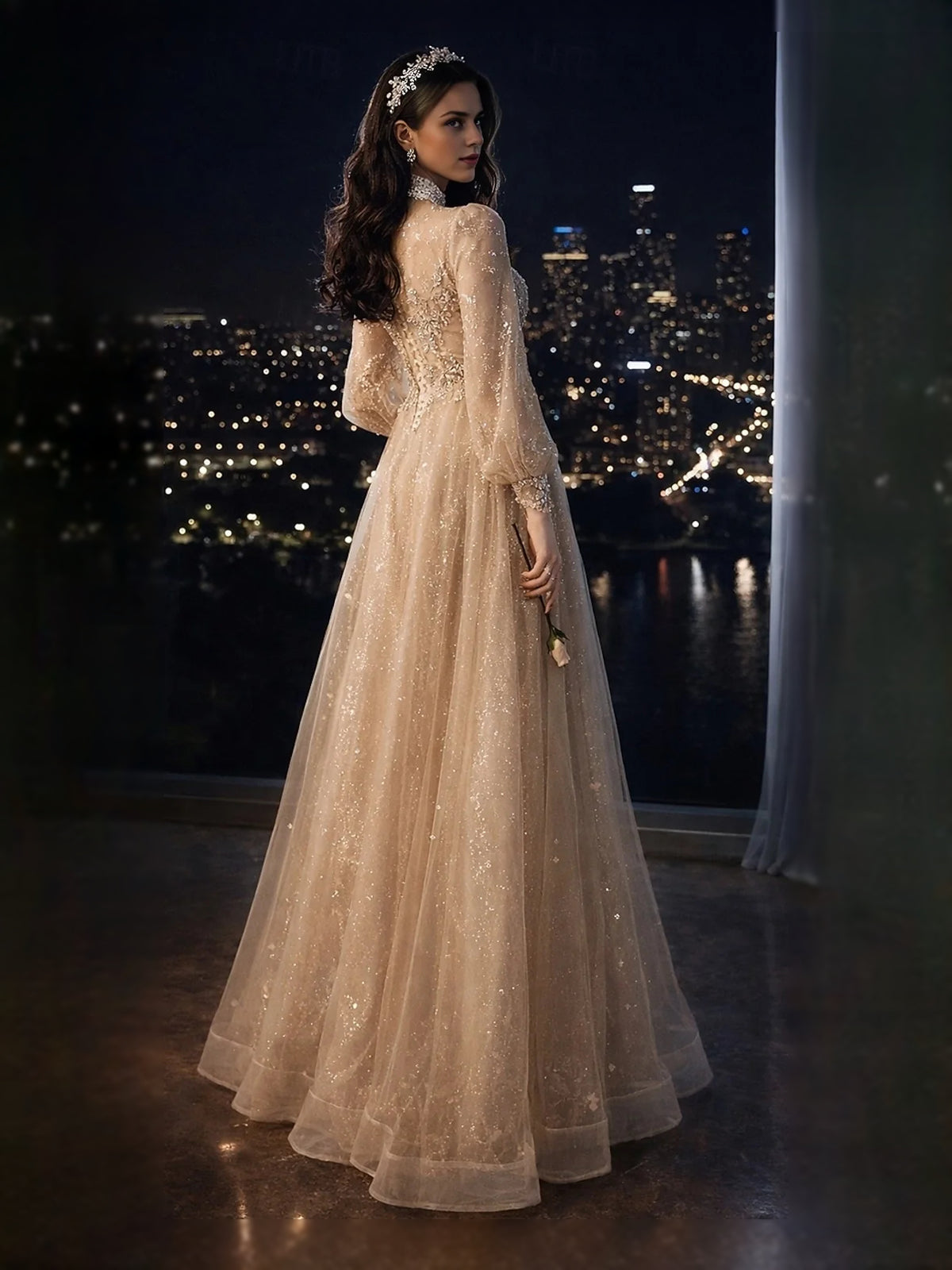 Champagne floor-length prom dress, front view showing the a-line silhouette