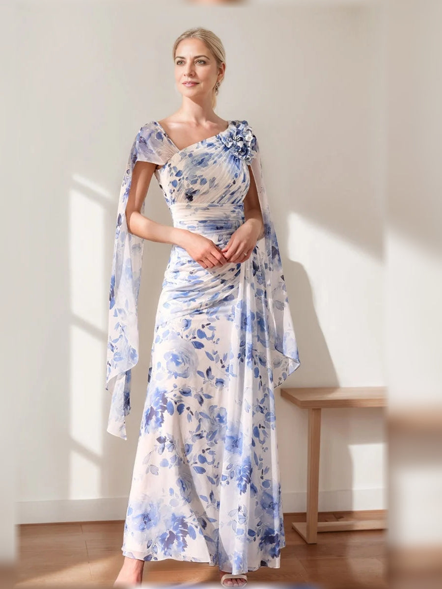 Steel Blue floor-length mother of the bride dress, front view showing the sheath silhouette