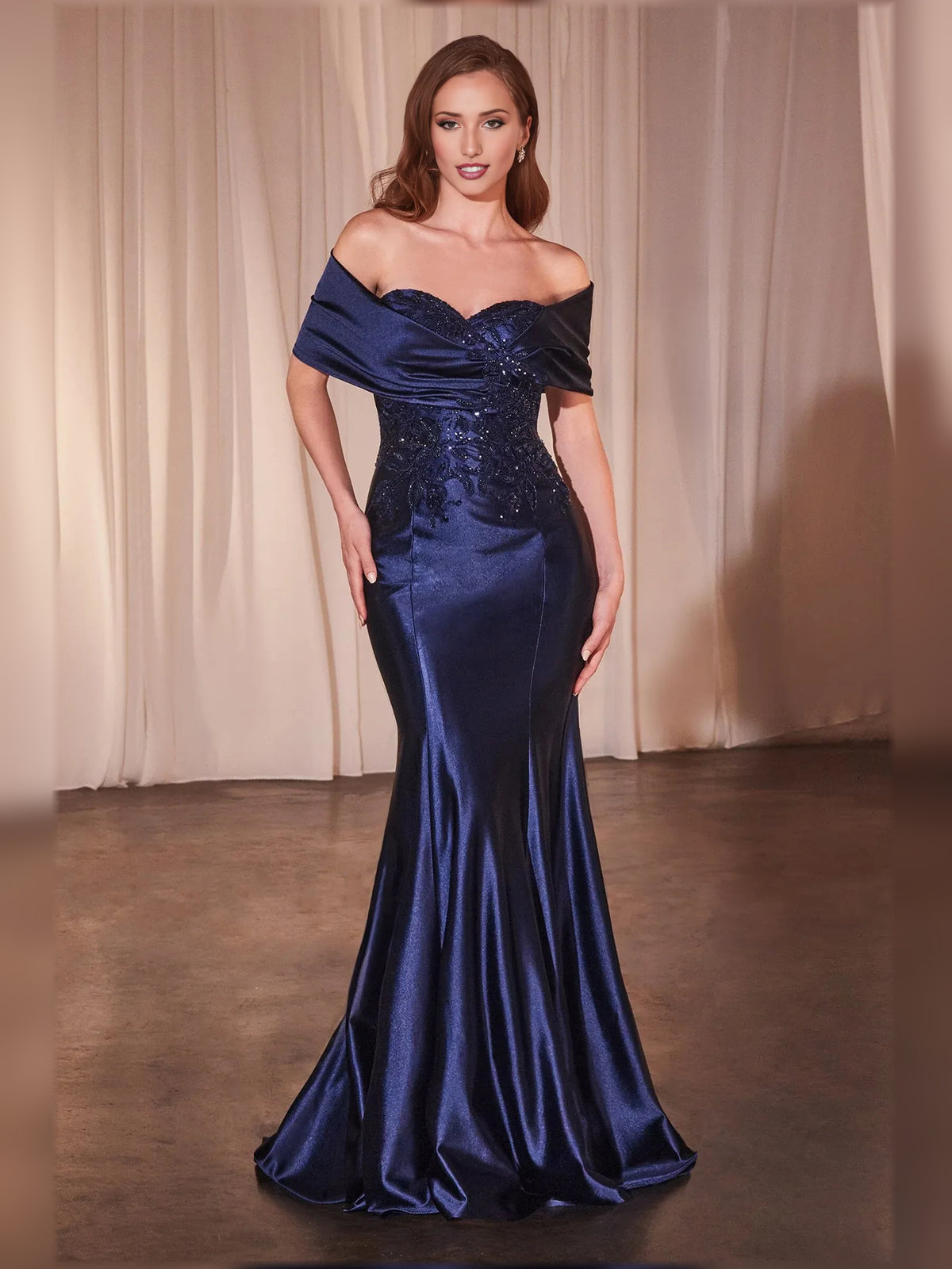 Navy Blue mermaid floor-length formal dress with off-the-shoulder neckline, full-length front view