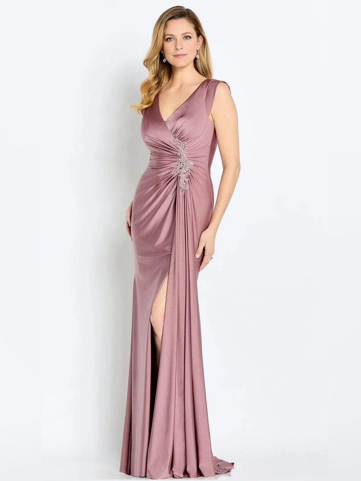 Rose Gold floor-length mother of the bride dress, front view showing the sheath silhouette