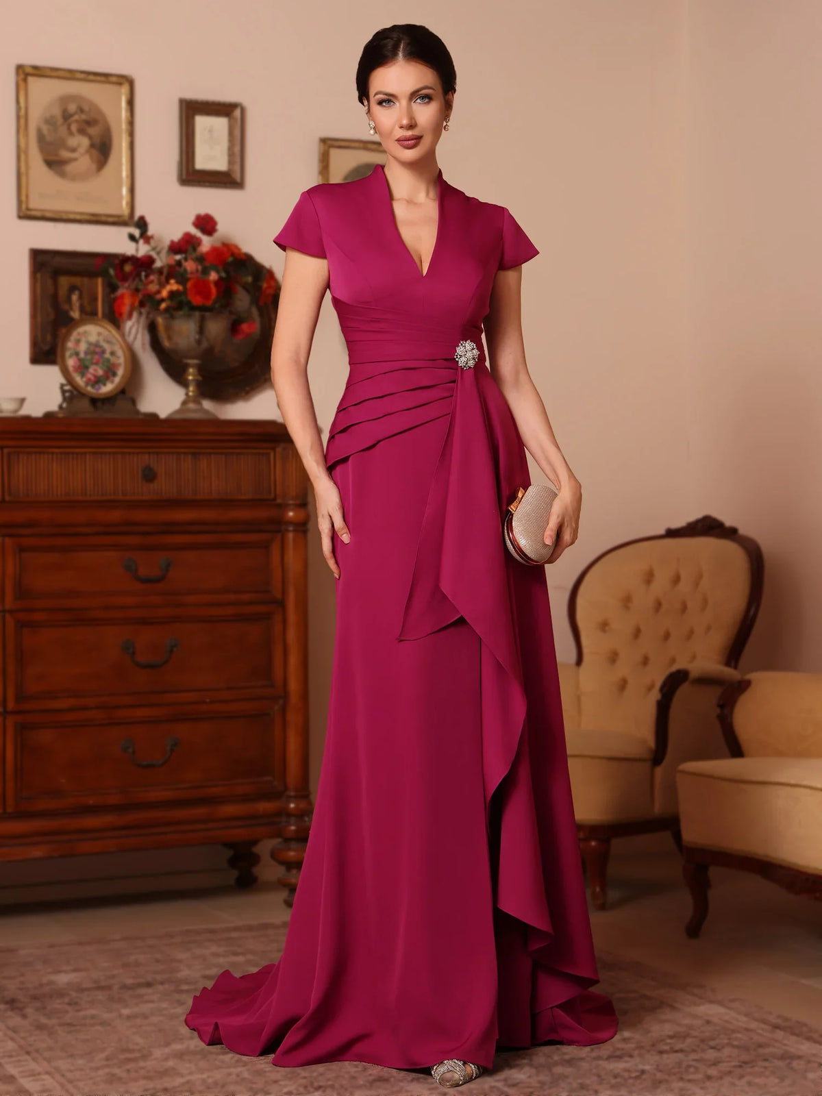 Raspberry floor-length mother of the bride dress, front view showing the a-line silhouette