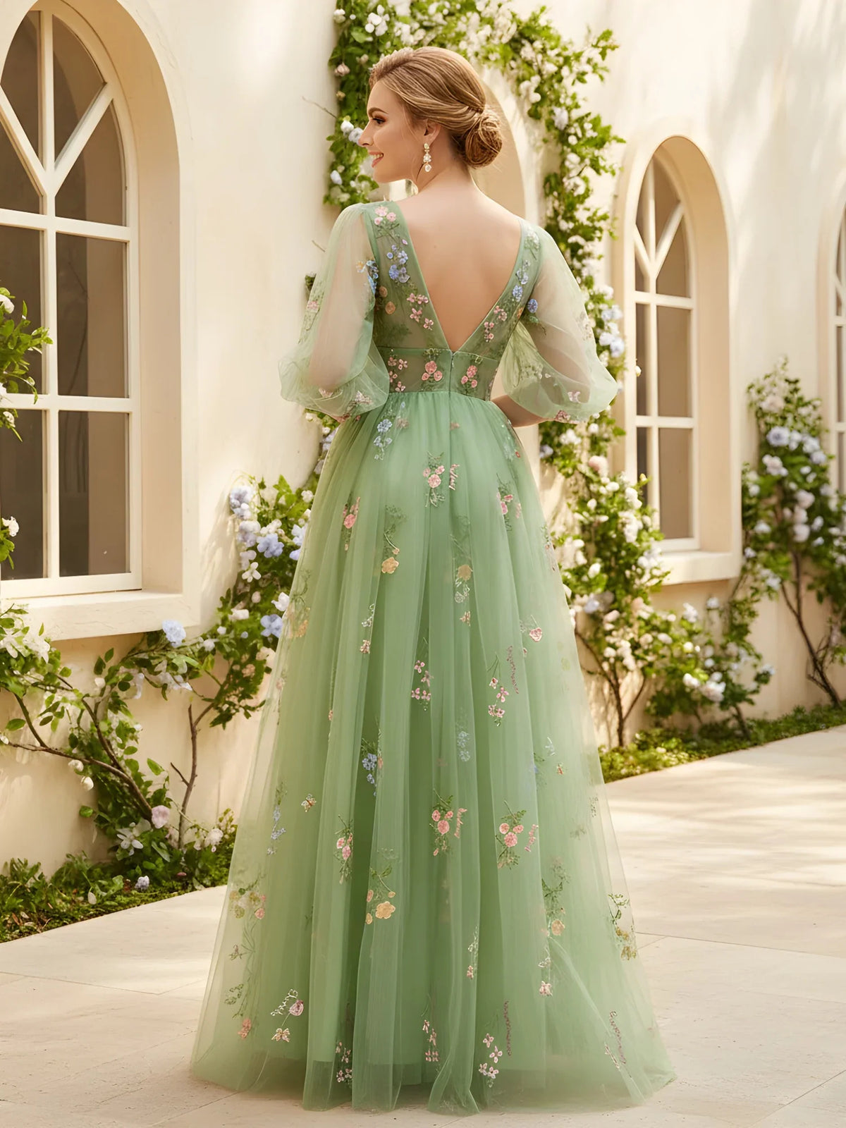 Dusty Sage floor-length prom dress, front view showing the a-line silhouette