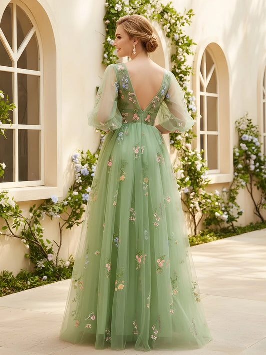 Dusty Sage floor-length prom dress, front view showing the a-line silhouette