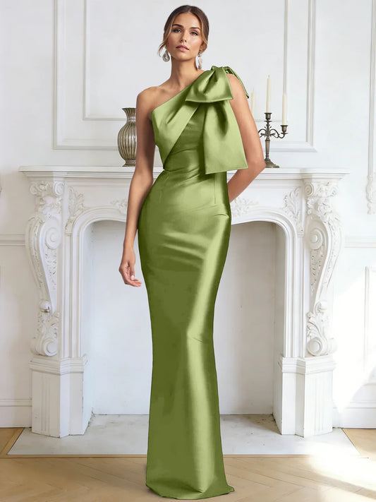 Olive Green mermaid floor-length formal dress with one-shoulder neckline, full-length front view