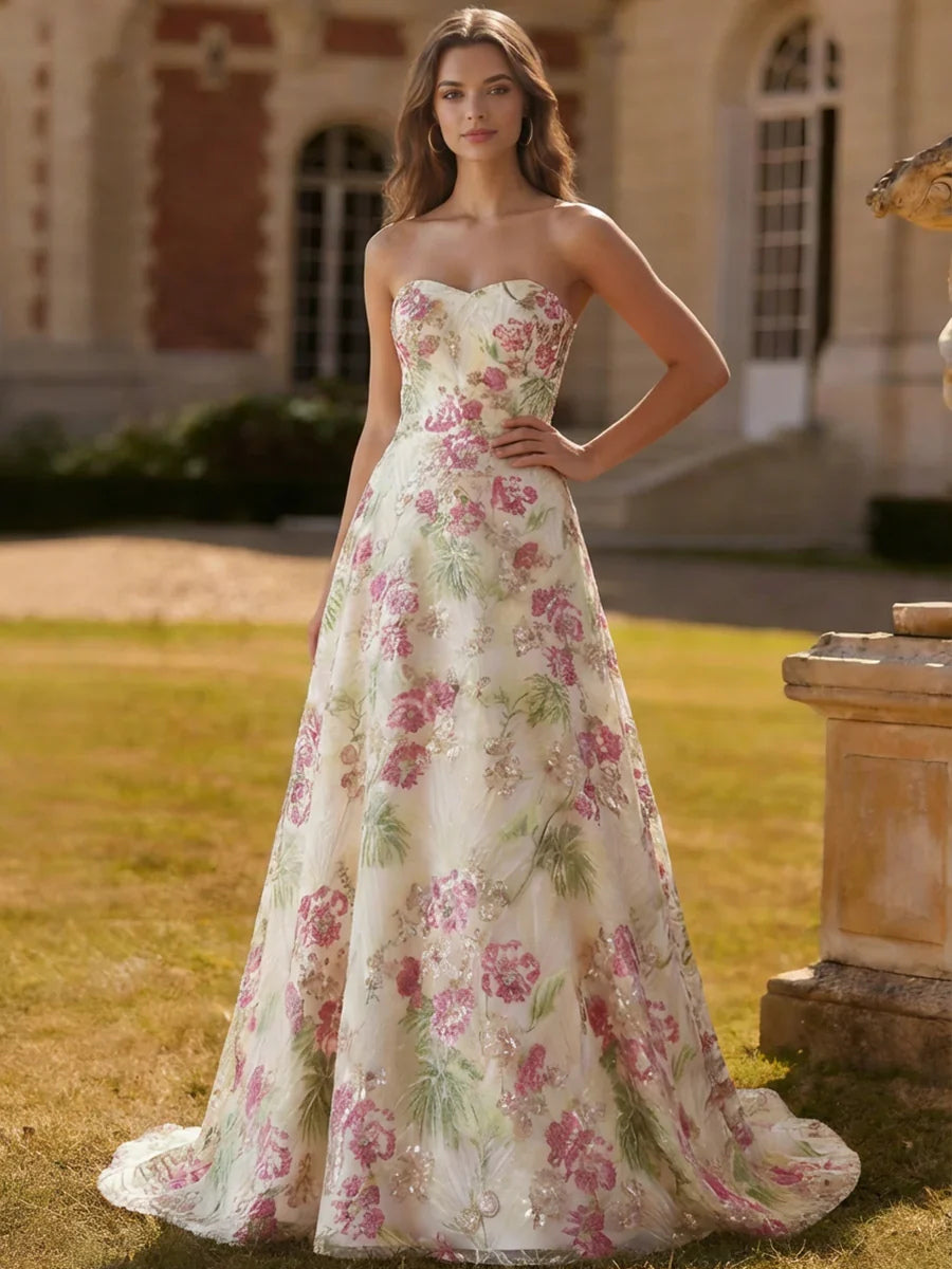 Pink maxi prom dress, front view showing the a-line silhouette