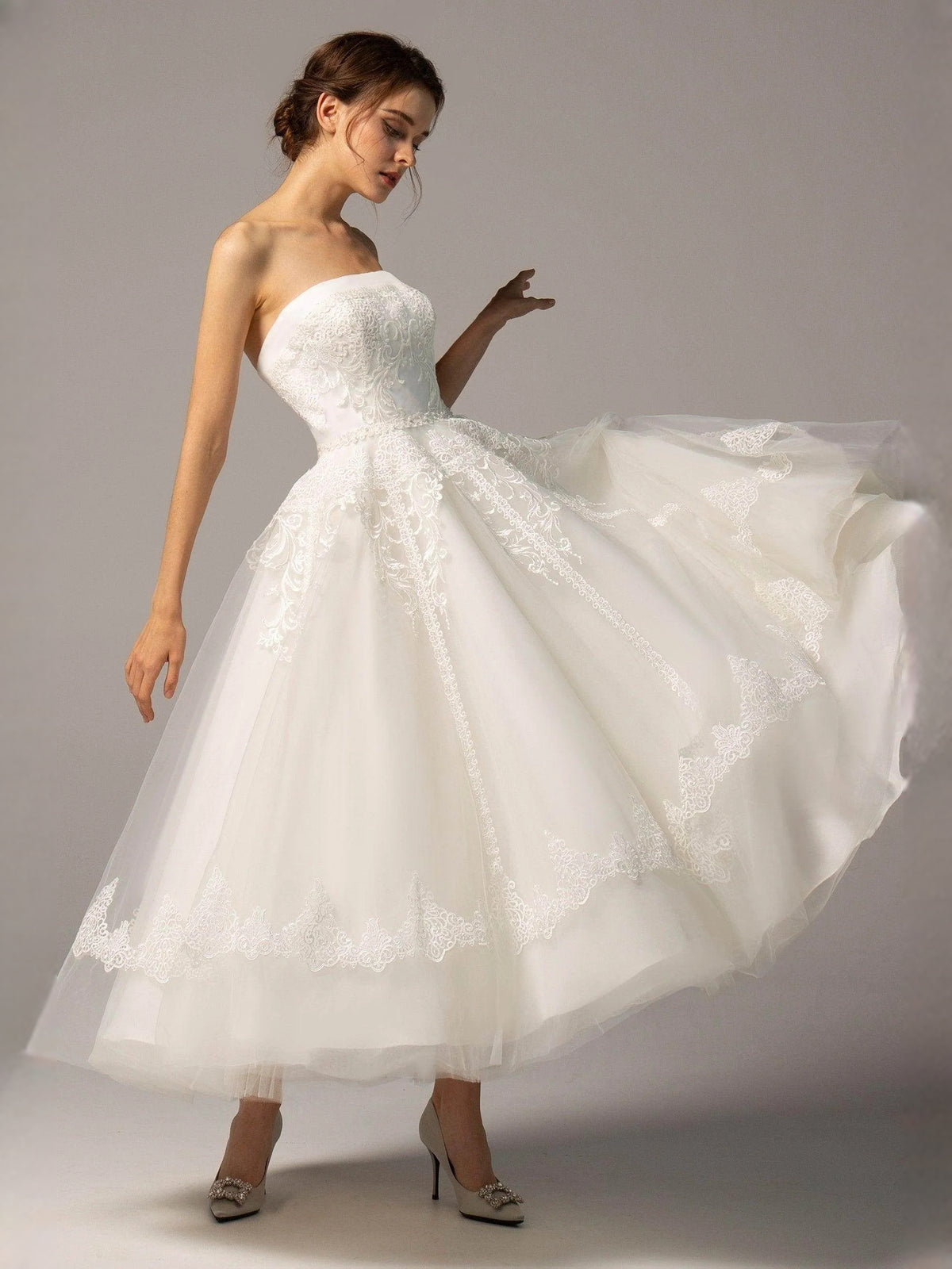 Ivory short wedding dress, front view showing the a-line silhouette