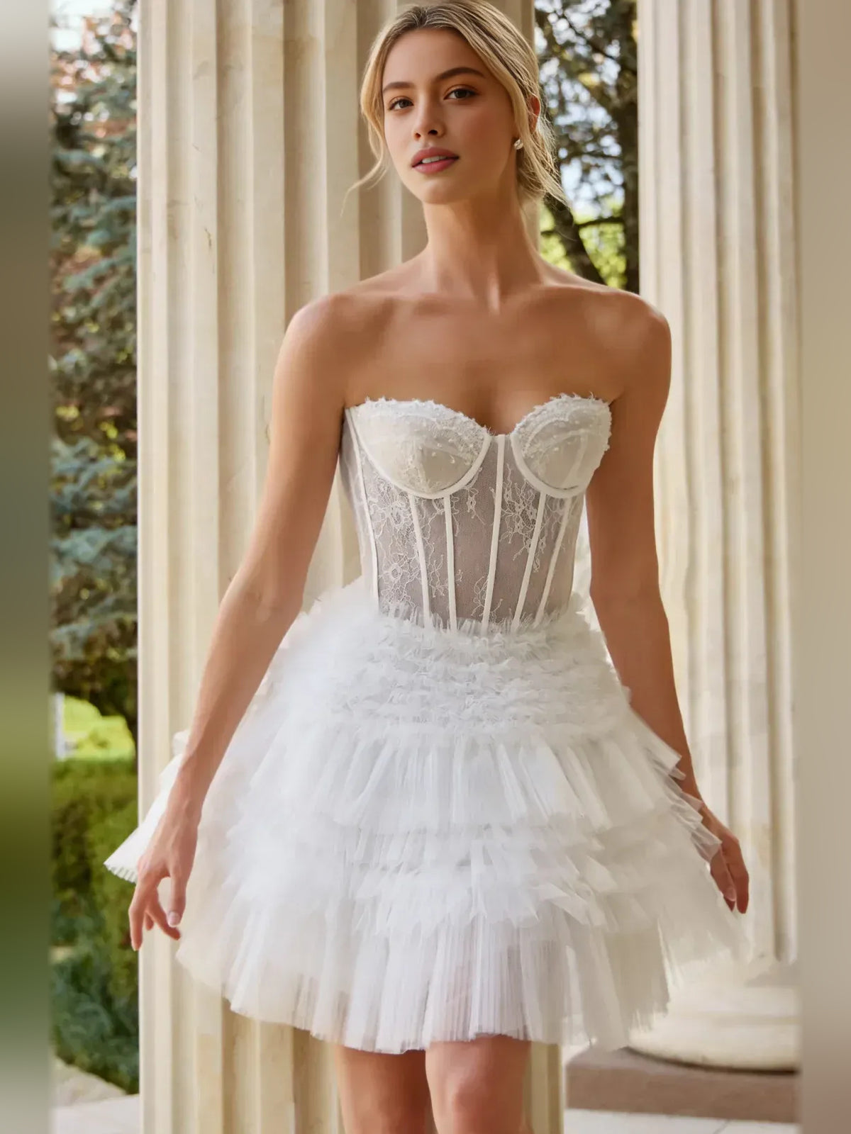 White short homecoming dress, alternate view showing the full-length silhouette