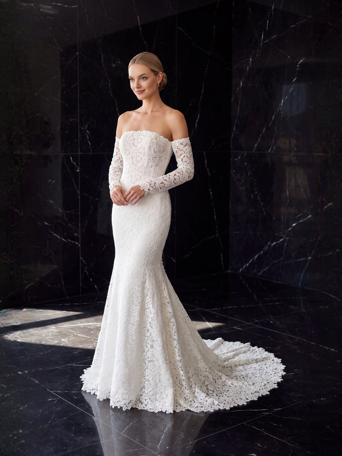 Ivory floor-length wedding dress, front view showing the mermaid silhouette