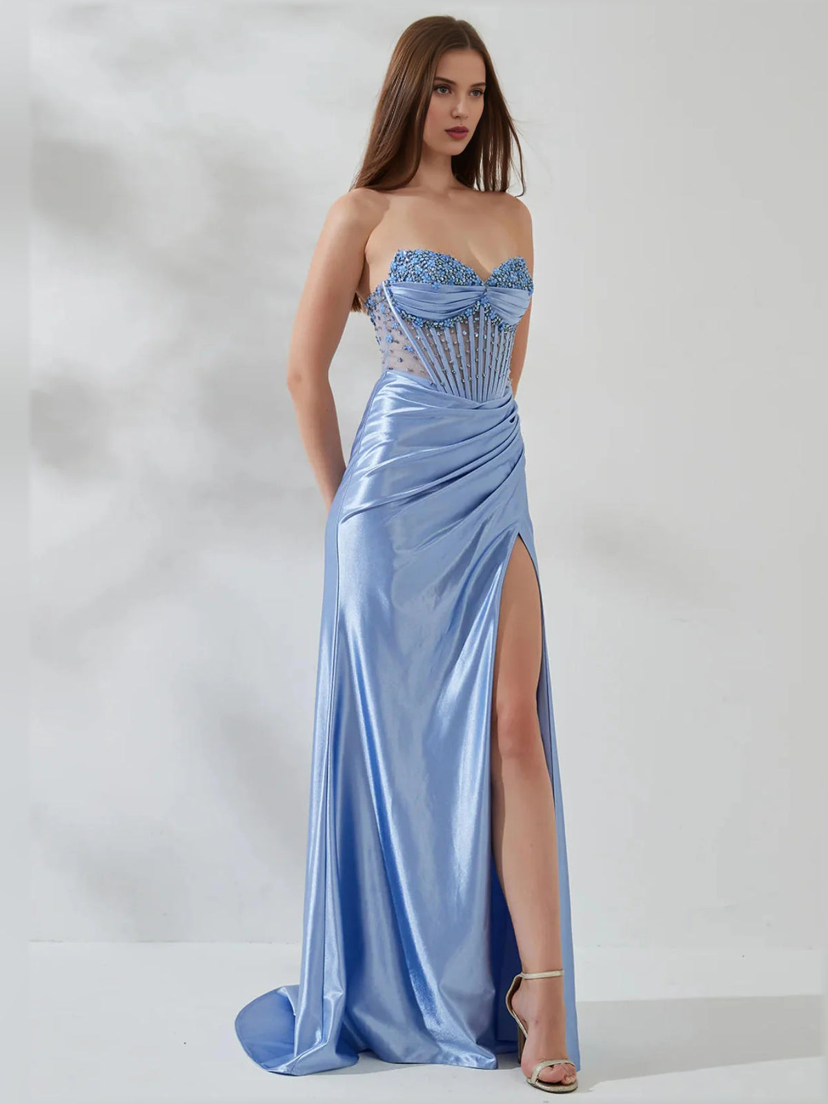 Light Blue mermaid floor-length formal dress with sweetheart neckline, full-length front view