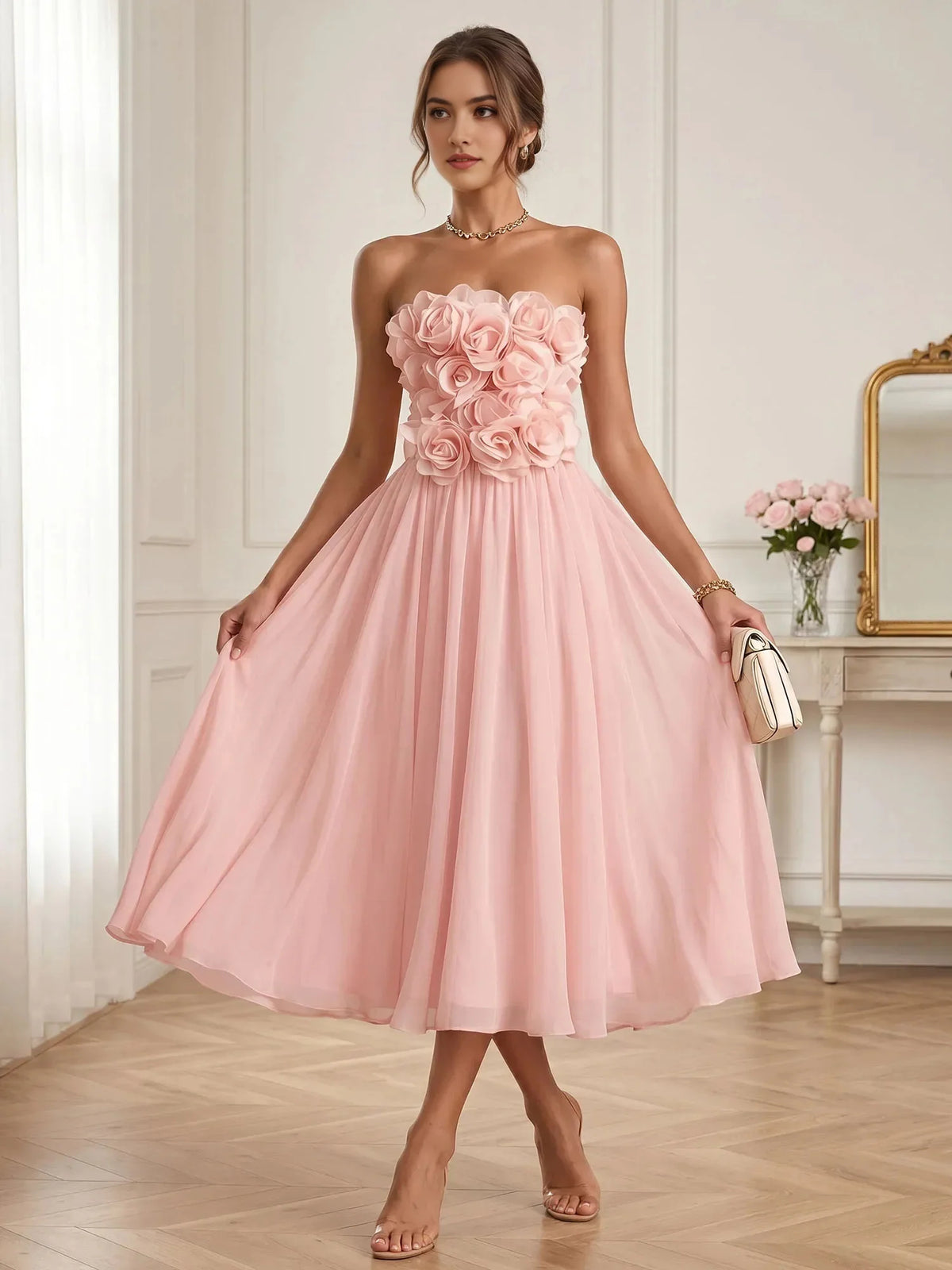 Pearl Pink midi bridesmaid dress, front view showing the a-line silhouette