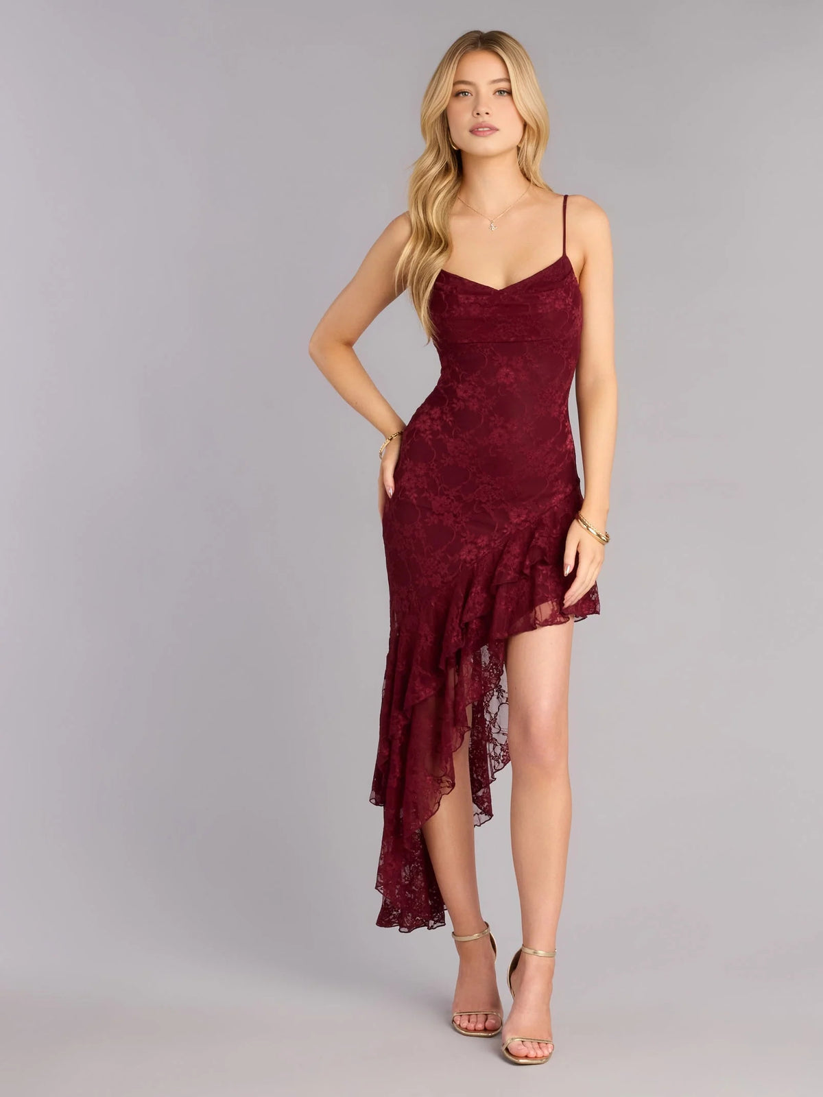 Deep Red maxi homecoming dress, alternate view showing the full-length silhouette