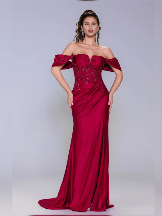Deep Red sheath floor-length formal dress with off-the-shoulder neckline, full-length front view