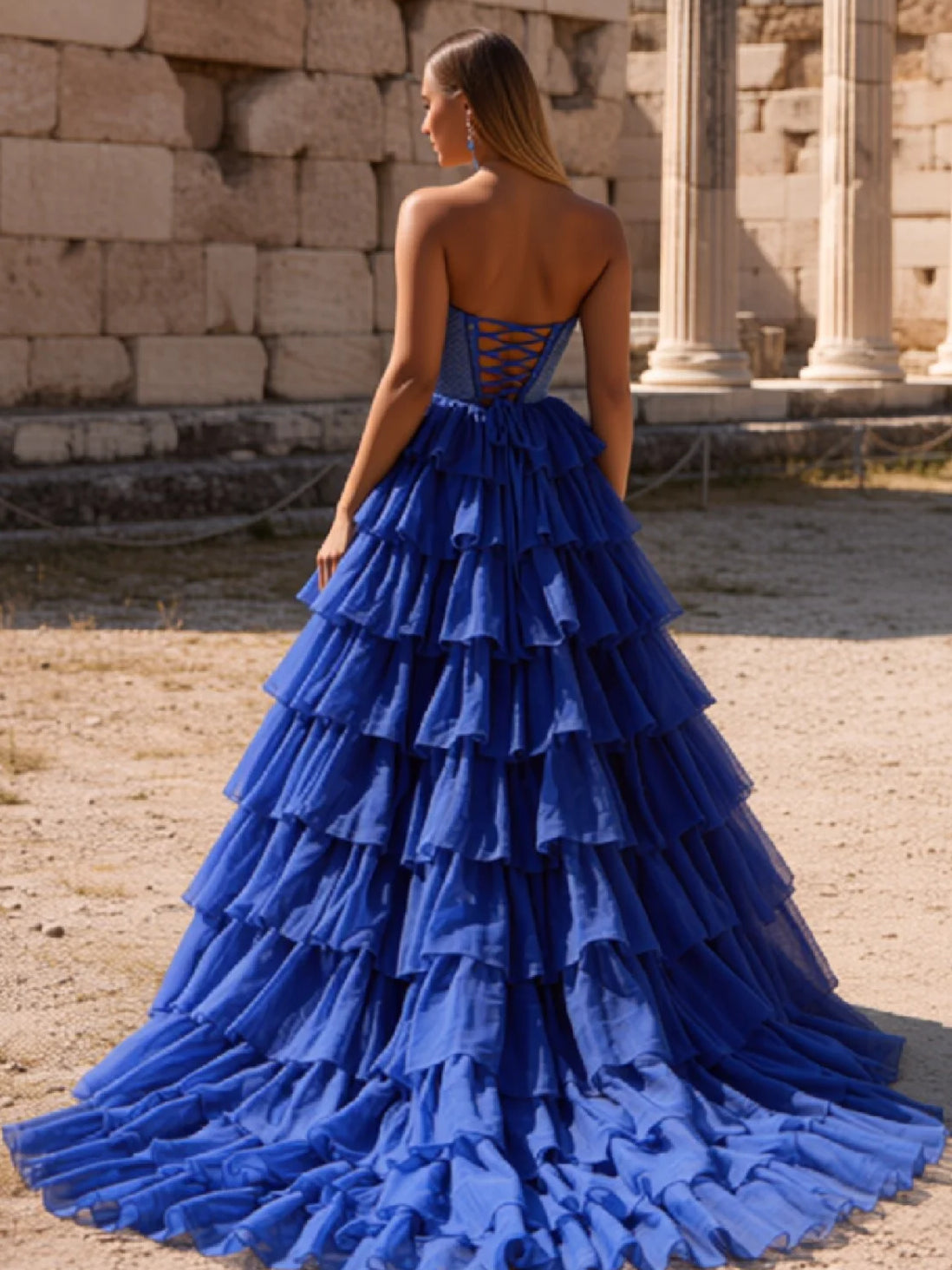 Cobalt Blue floor-length prom dress, front view showing the a-line silhouette