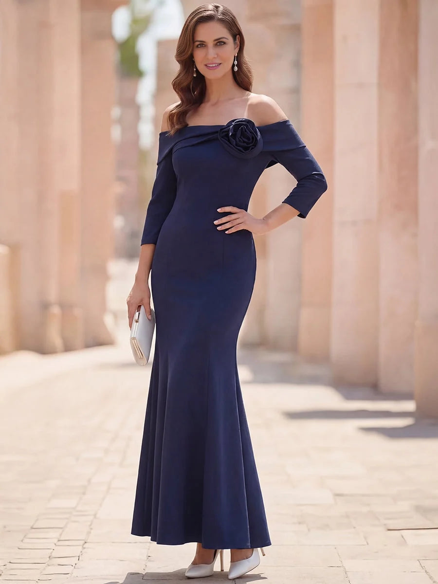 Dark Blue maxi mother of the bride dress, front view showing the mermaid silhouette