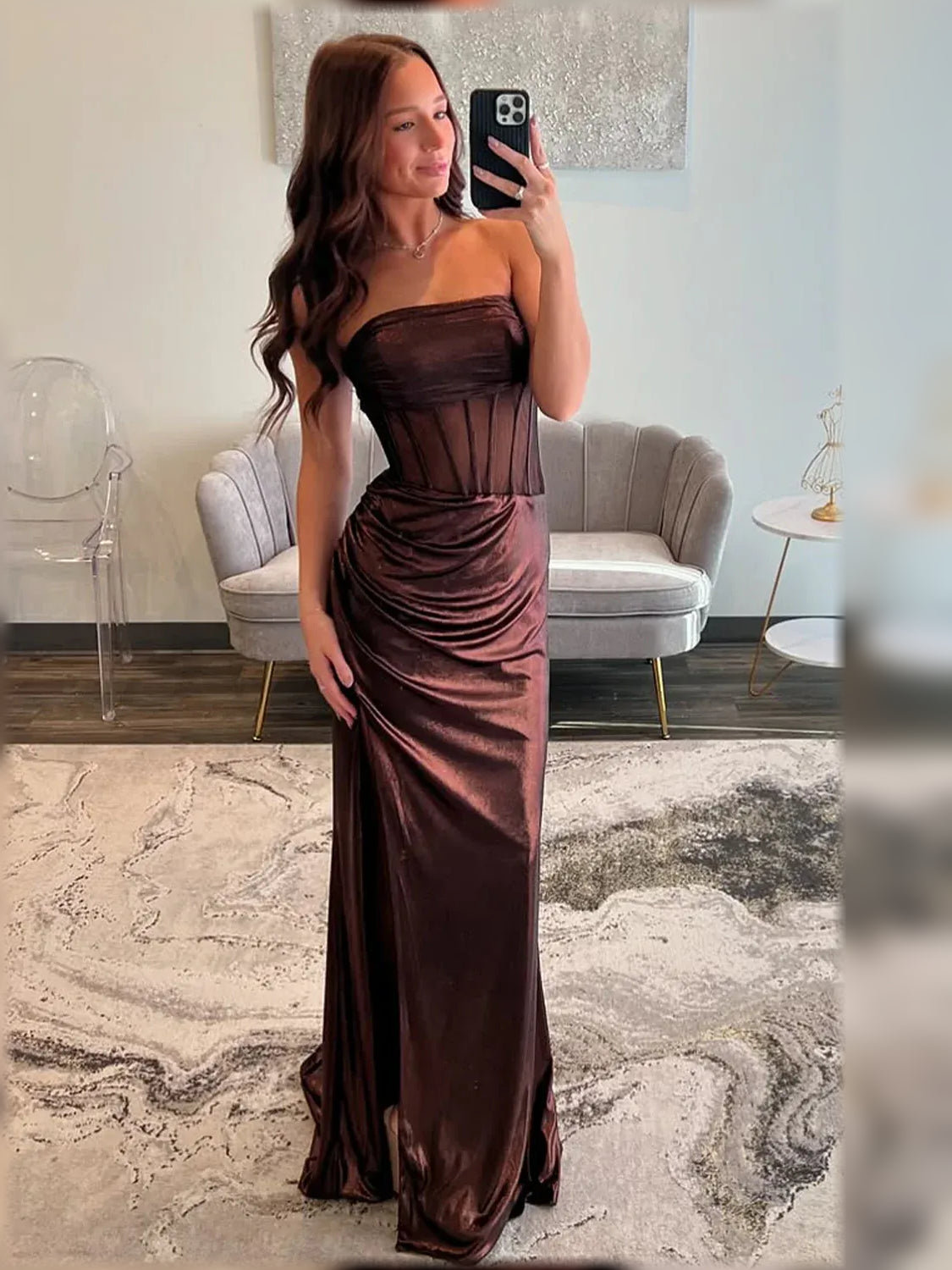 Espresso mermaid floor-length formal dress with strapless neckline, full-length front view