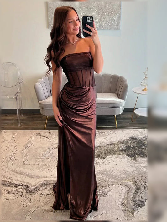 Espresso mermaid floor-length formal dress with strapless neckline, full-length front view