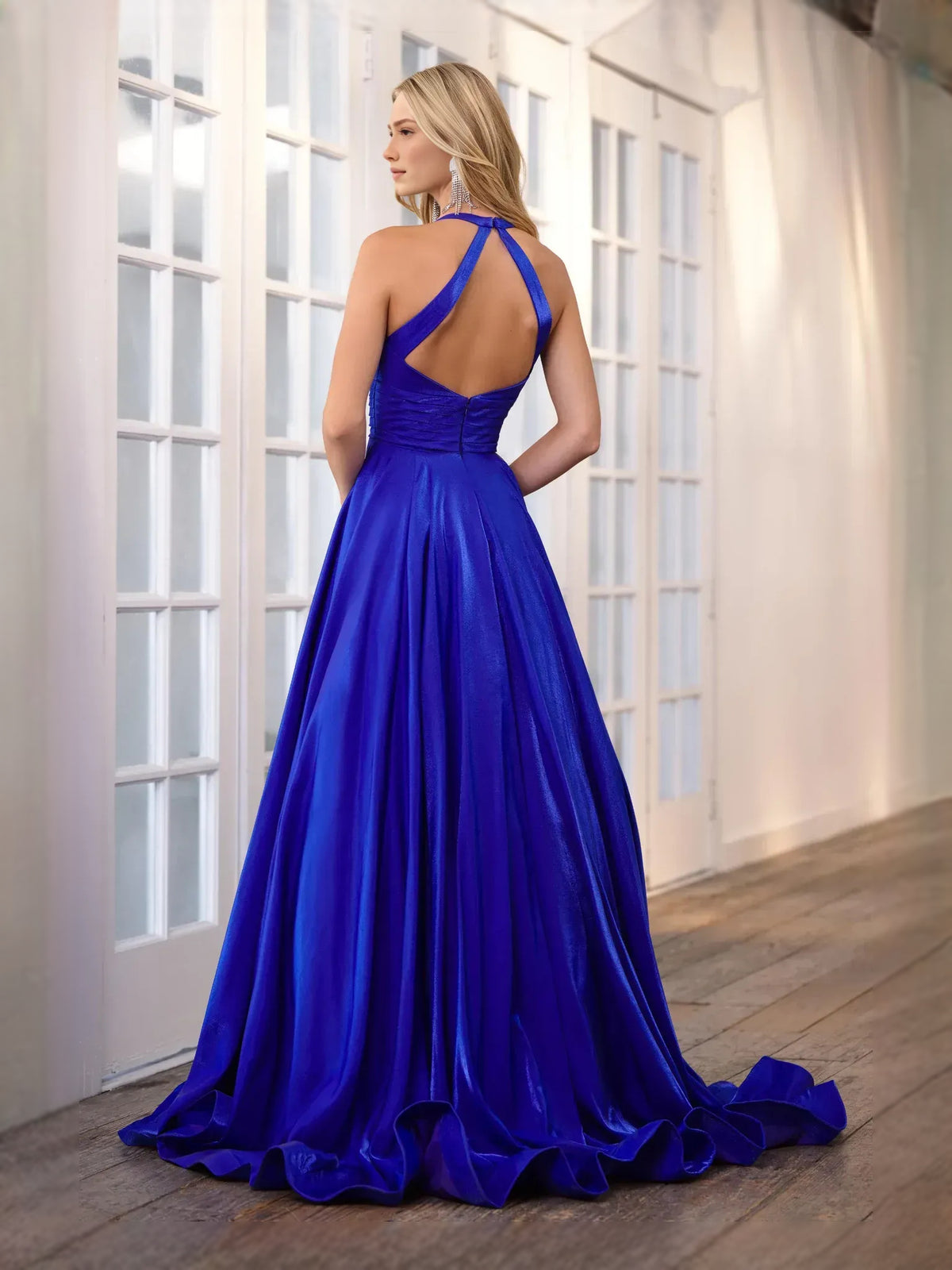 Cobalt Blue floor-length prom dress, front view showing the a-line silhouette