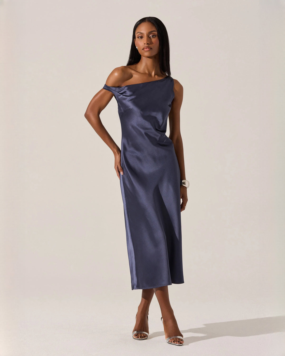 off-shoulder satin a-line midi bridesmaid dress - image 1