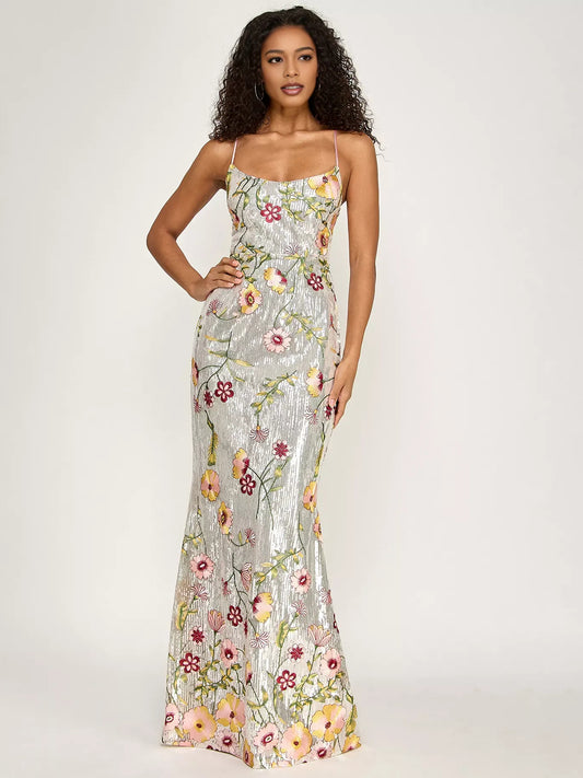 As Picture mermaid floor-length formal dress with floral print, full-length front view