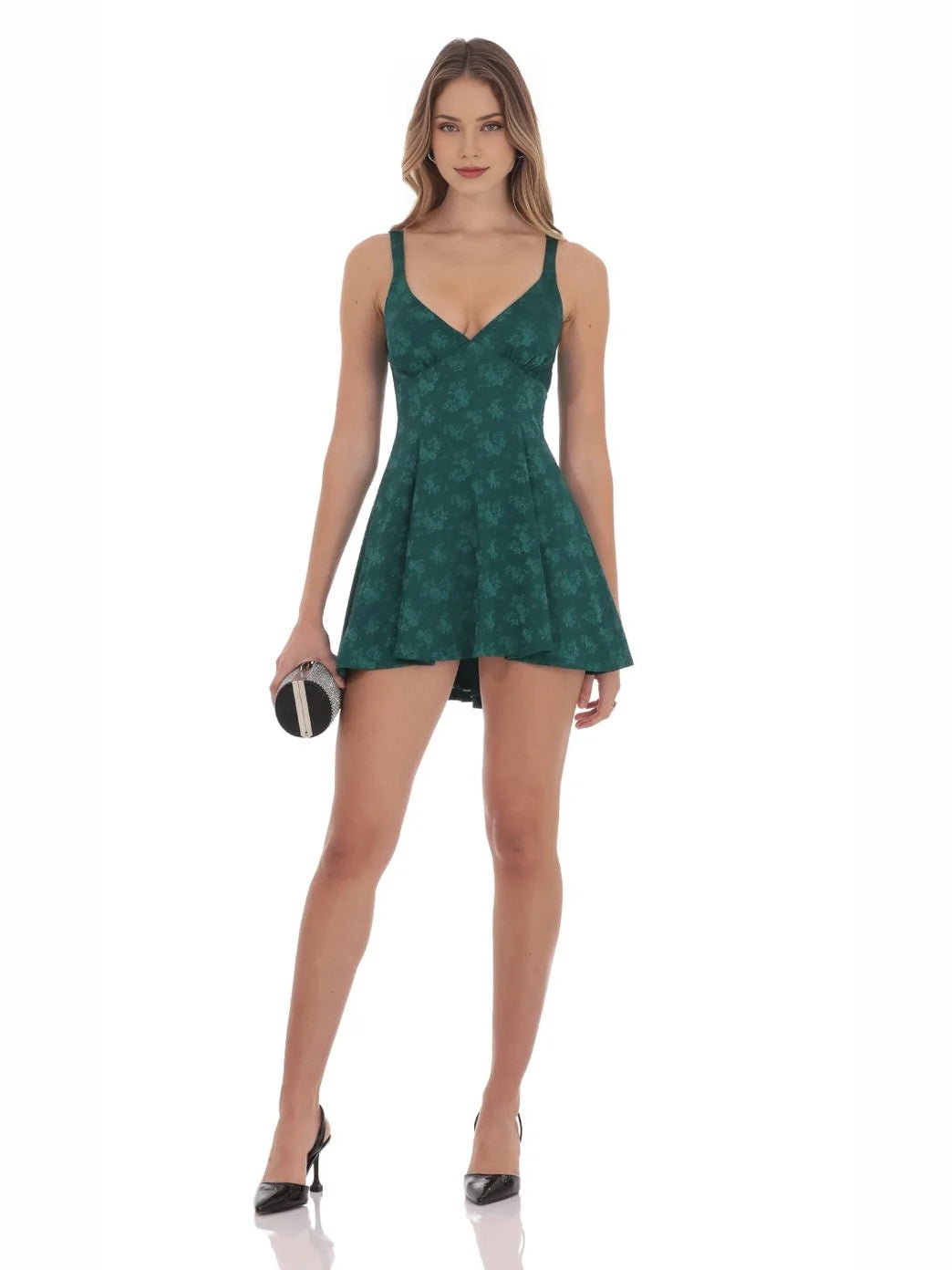 Jungle Green mini homecoming dress, alternate view showing the full-length silhouette