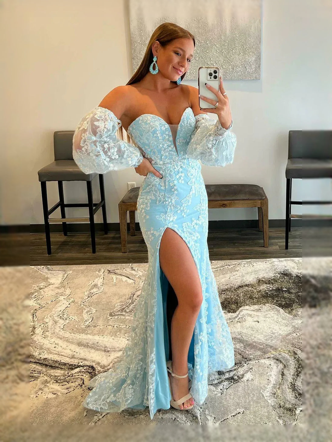 Sky Blue floor-length prom dress, front view showing the mermaid silhouette