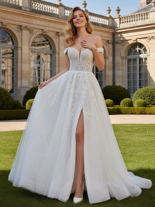 Ivory floor-length wedding dress, front view showing the a-line silhouette