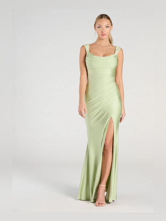 Sage Green mermaid floor-length formal dress with cowl neckline, full-length front view