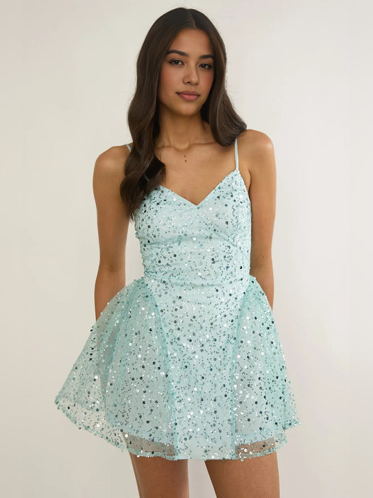 Ice Blue mini homecoming dress, alternate view showing the full-length silhouette