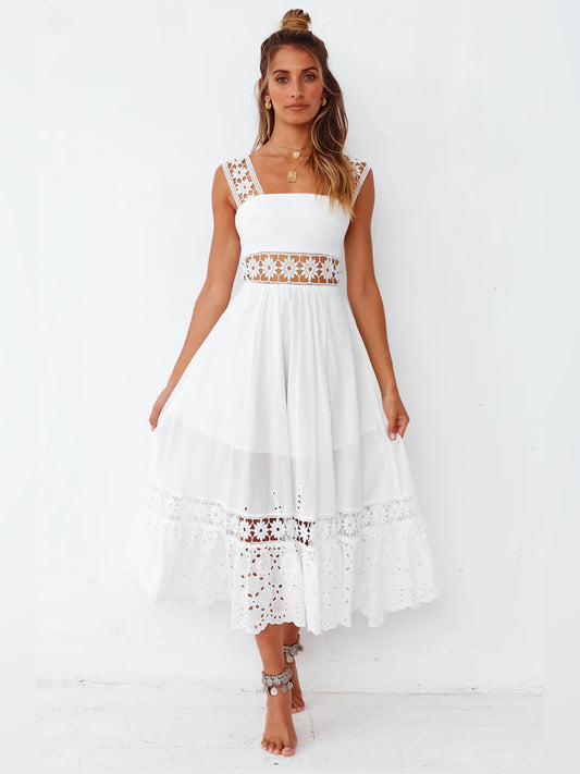 White a-line maxi formal dress with V-neckline, full-length front view