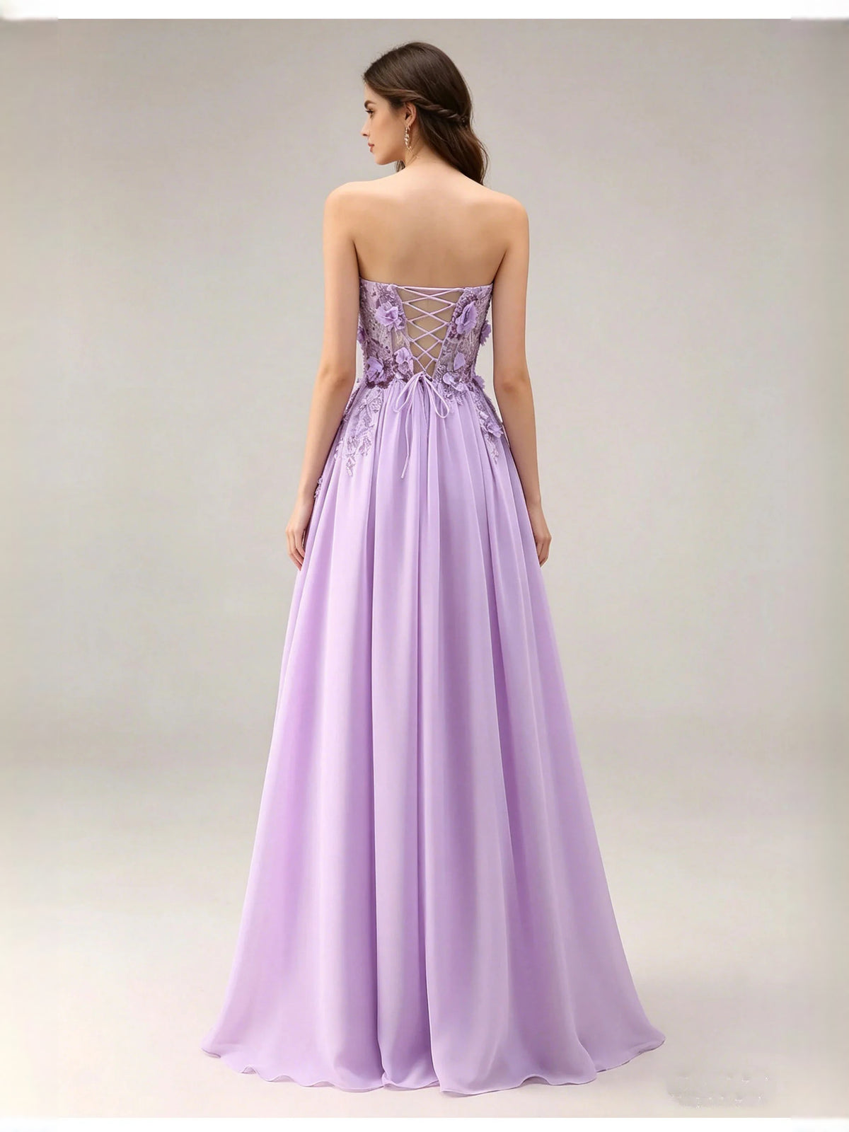 Lilac floor-length prom dress, front view showing the a-line silhouette